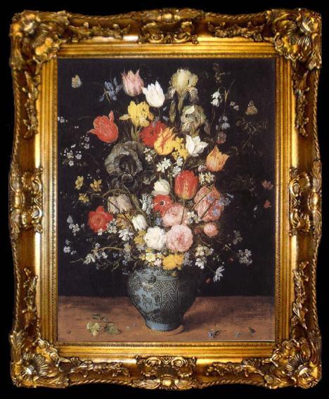 framed  Jan Brueghel The Elder Flower in a blue vase, ta009-2